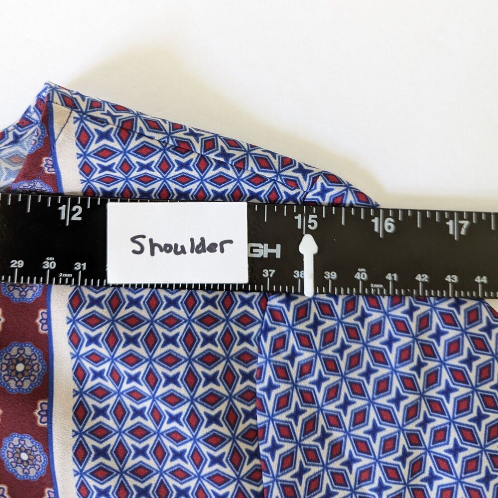 Talbots Petite Blouse PM Blue Geometric Art to Wear 3/4 Sleeve Mod Career Top - Picture 10 of 12